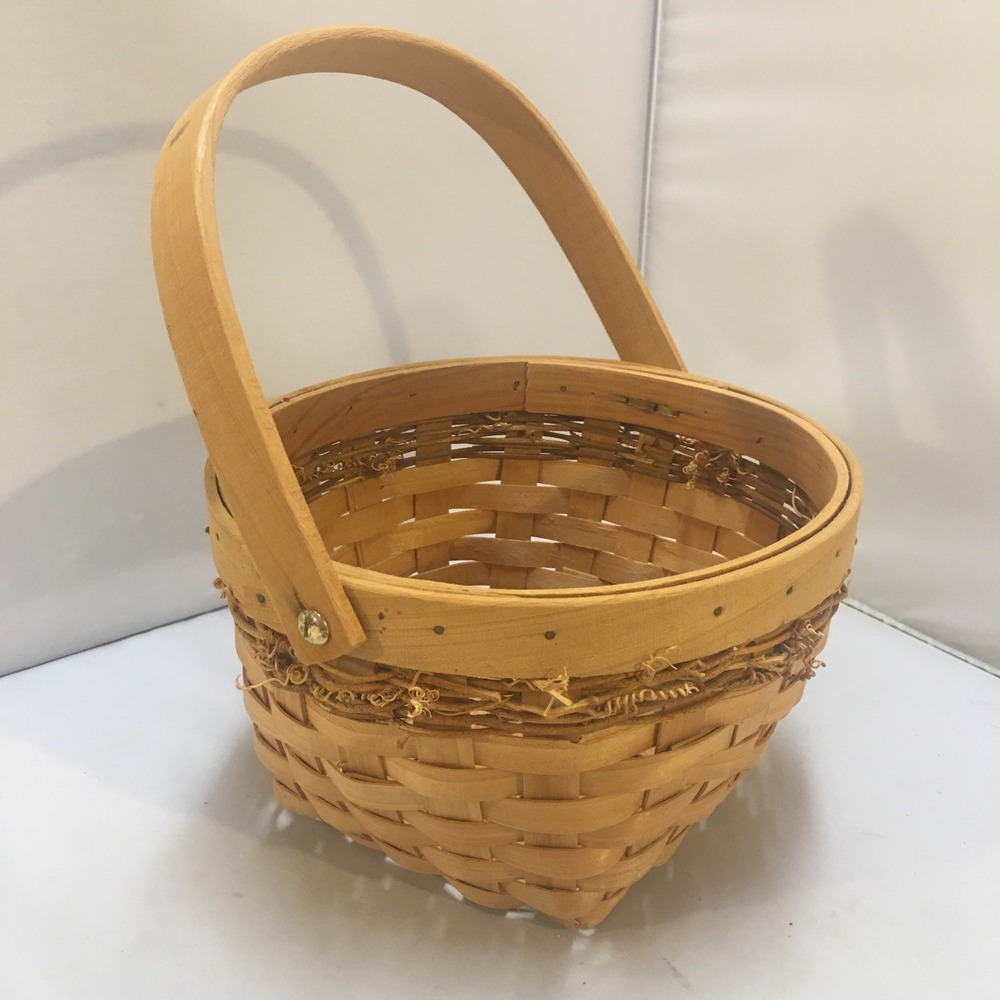 Woven Wood Basket Small Natural Tan Vine Trim Swing Handle Decor Cottagecore